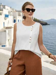 Linhara Plus Size Women Summer Casual Vacation Daily Commute Simple Versatile Solid Color Button Decor Loose Tank Top - White - View 7