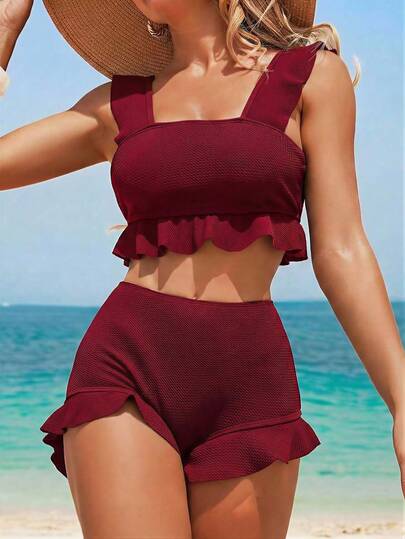 Swim Vcay 荷叶边纯色比基尼套装，适合海滩穿着