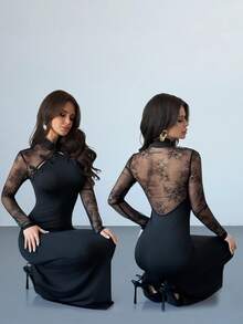 Firerie Đầm maxi đen dáng đuôi cá, thanh lịch, lãng mạn, trang nhã kiểu Trung Hoa cổ điển, thích hợp cho tiệc tùng, năm mới, ngày lễ tình nhân, gợi cảm, hở lưng, xuyên thấu, cài cúc, tay dài, ôm sát cơ thể, màu thu/đông, phong cách nàng tiên cá, trang phục trang trọng, lãng mạn, cổ điển, trang phục trang trọng, thích hợp cho tiệc tùng, năm mới, ngày lễ tình nhân, gợi cảm, hở lưng, xuyên thấu, cài cúc, tay dài, ôm sát cơ thể, thích hợp cho mùa thu/đông. - màu đen - Xem 1