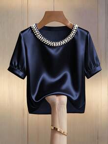 Franclia 女士优雅圆领珍珠装饰长袖T恤，适合通勤 - 寶藍色 - 查看 3