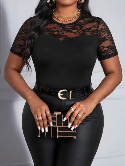 SHEIN Lady Plus Size Lace Patchwork Round Neck Sheer Fitted Short Sleeve T-Shirt