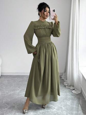 Gloray Vestido maxi elegante de mujer con cuello alto, mangas farol y dobladillo con volantes