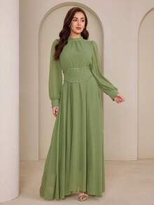 Graceveil Women's Design Sense Semi-High Collar Cinched Waist Flared Dress - Green - View 3