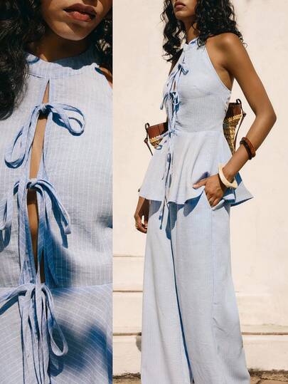 Poéselle 2pcs Bamboo Knot Woven Sleeveless Halter Slit Bow Decor Waist A-Line Wide Leg Pants Set   2026 Spring Summer New Arrivals  Holiday Outfits For Women