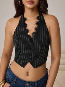 Aidyla 女士蕾丝边V领条纹背心 - 黑色 - 查看 3