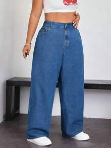 SHEIN ICON Plus Size Solid Color Casual Jeans - Medium Wash - View 4