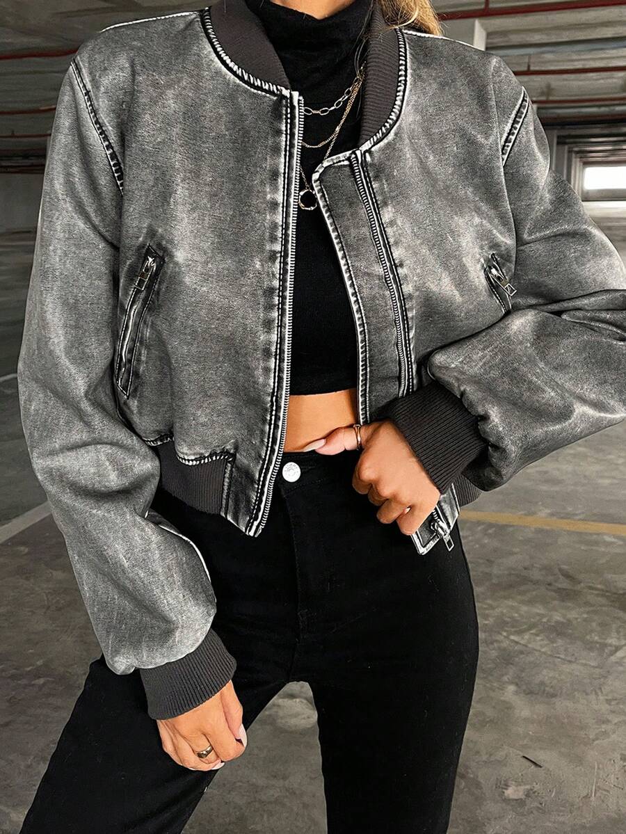 Aveloria Affinna 明线缝制落肩拉链PU皮革飞行员夹克 - 灰色 - 查看 1