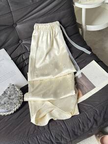 GlowEve Embossed Embossed Satin Fabric Lace-Up Elastic Waist Loose Women Casual Pants - Apricot - View 7