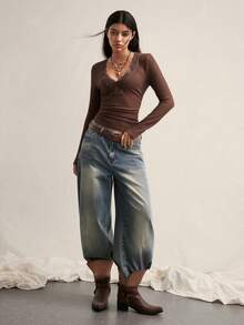 Easelle 棕色针织修身蕾丝拼接褶皱长袖女式上衣 - 棕色 - 查看 4