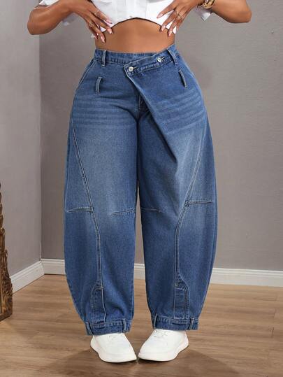 Slaydiva 大码女式无弹力牛仔裤，美式复古风不对称喇叭宽松阔腿牛仔裤，牛仔装扮