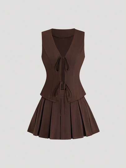 Sweetra Vintage moderiktigt brunt kostymset, amerikansk klassisk stil med knytband, i kombination med veckad kjol, trendigt och mångsidigt avslappnat och elegant kostymset för kvinnor