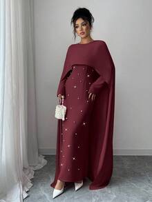 Elenzga فستان حفلات طويل مناسب للخصر مزين بالخرز ذو أكمام طويلة وياقة مستديرة، مصنوع من الأقمشة المحبوكة، مناسب للخريف والشتاء، أنيق ومتعدد الاستخدامات - الأحمر - مشاهدة 3