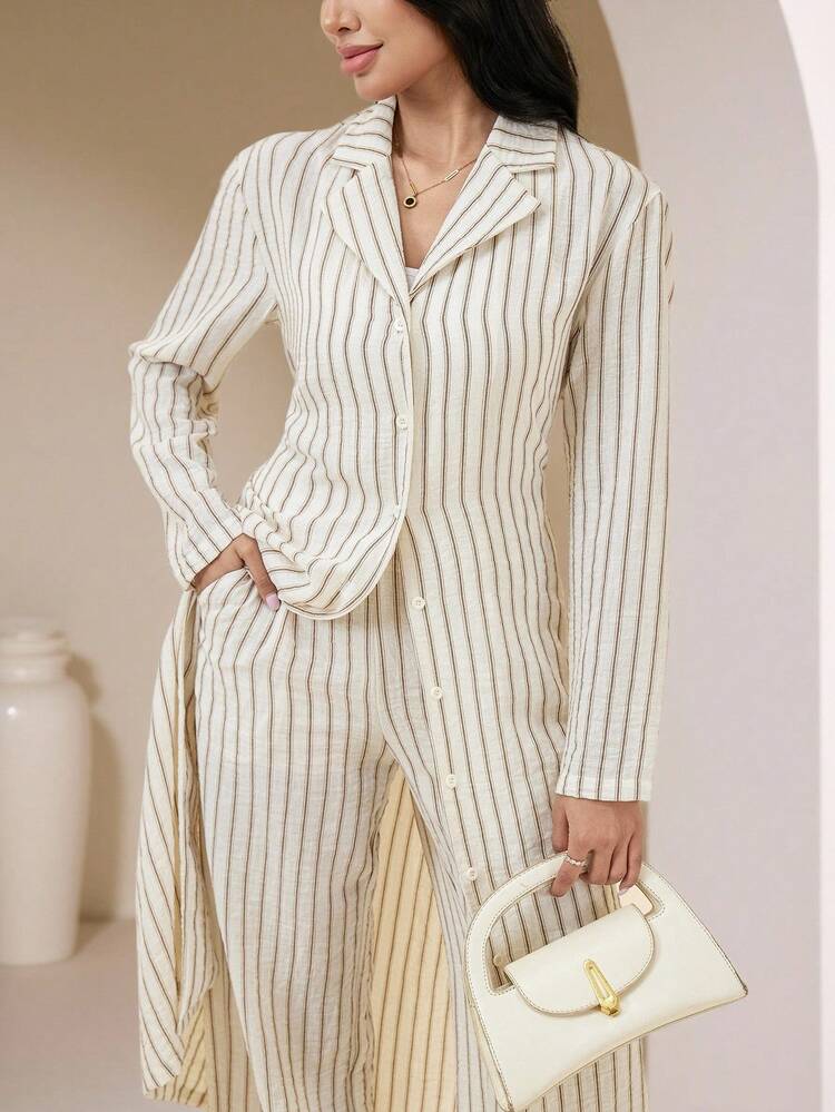 Veilorie Women's Casual Commuter Striped Long Shirt And Pants Arabic Set - Apricot - View 1