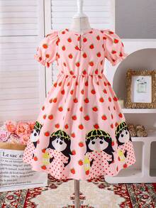 Young Girl Pattern Rose Print Pink Summer Fairy Dress - Multicolor - View 2