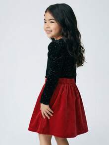 Maija Kids Young Girl Black Velvet Glitter Round Neck Puff Sleeve Casual Long Sleeve T-Shirt - Black - View 4