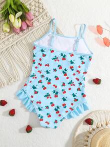 SHEIN 少女樱桃印花连体泳衣，适合海滩度假，儿童泳装 - 彩色 - 查看 2