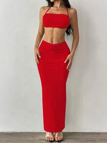EgrlEra 1 Set Solid Color Halter Backless Top And Pleated Mini Skirt Sexy 2 Pieces Outfit