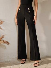 Anewsta Women's Elegant Straight Leg Pants, Minimalist Casual Chic Metal Button Black Trousers - Black - View 7