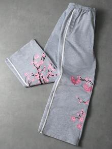 Manfinity EMRG 男士现代休闲樱花印花运动裤，潮流街头风，适合休闲、通勤、上学、度假穿着，送给丈夫或男友的绝佳礼物，男女皆宜的情侣套装 - 灰色 - 查看 3