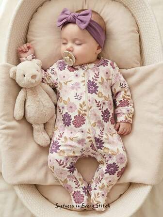 Cozy Pixies Newborn Baby Girl Floral Print Soft Knit Crew Neck Long Sleeve Romper