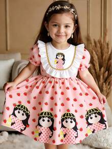 Young Girl Pattern Rose Print Pink Summer Fairy Dress - Multicolor - View 1