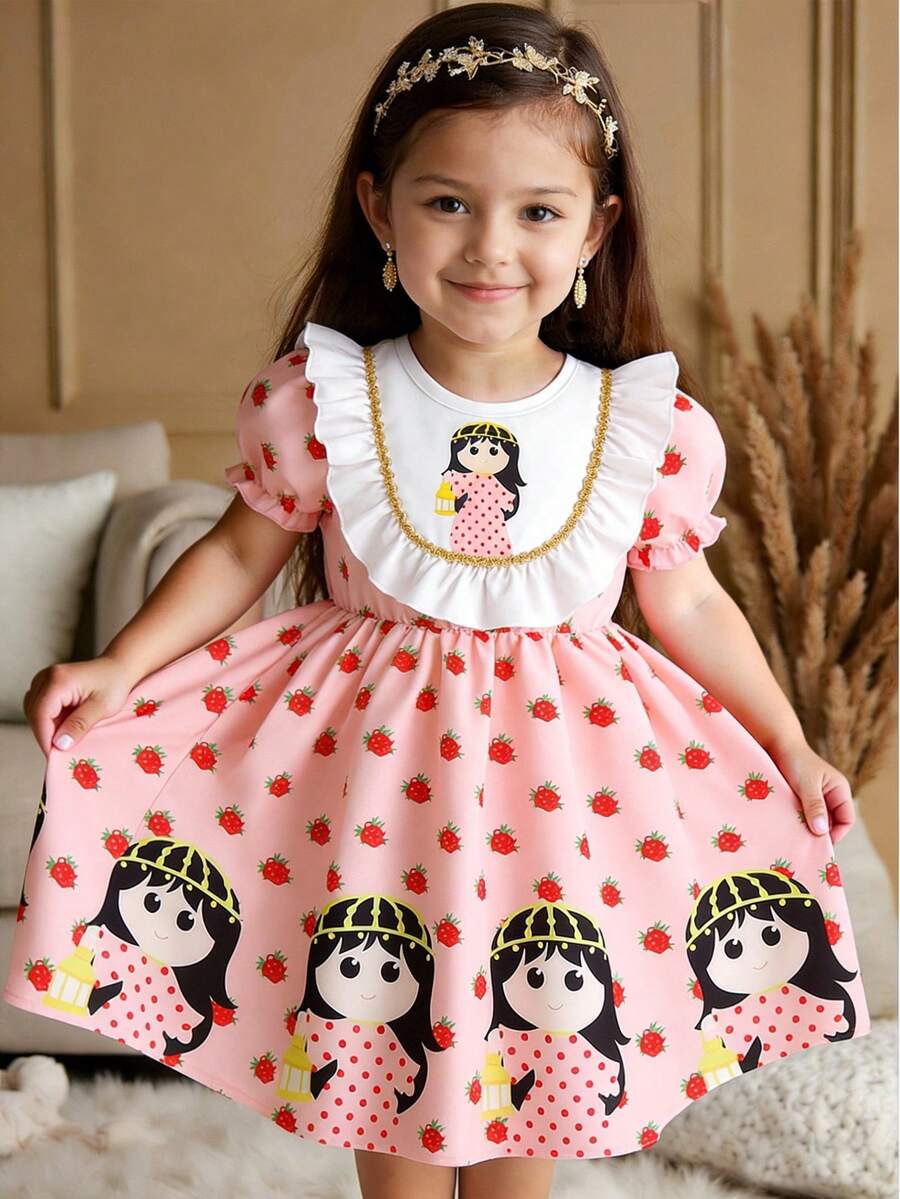Young Girl Pattern Rose Print Pink Summer Fairy Dress - Multicolor - View 1
