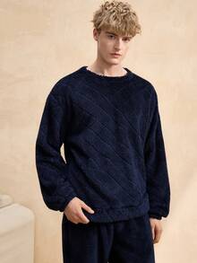 复古英伦风舒适休闲双面绒面菱格纹圆领套头毛衣，适合居家穿着或外穿，男士