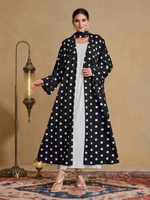 Al Najma Women's Elegant Polka Dot Print Front Open Loose Arabic Abaya Robe - Black and White - View 3