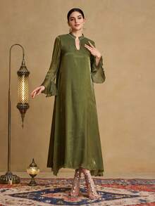 Al Najma 女士日常穿着立领喇叭袖串珠优雅派对修身长裙 - 墨綠色 - 查看 3