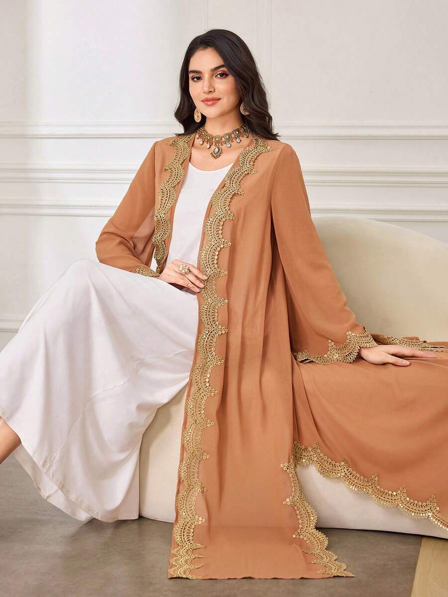 Al Najma Women's Elegant Luxurious Golden Heavy Embroidery Lace Collar & Cuff Sequin Decor Hollow-Out Splice Ribbon Chiffon Sheer Arabic Robe Feminine Style - Khaki - View 1