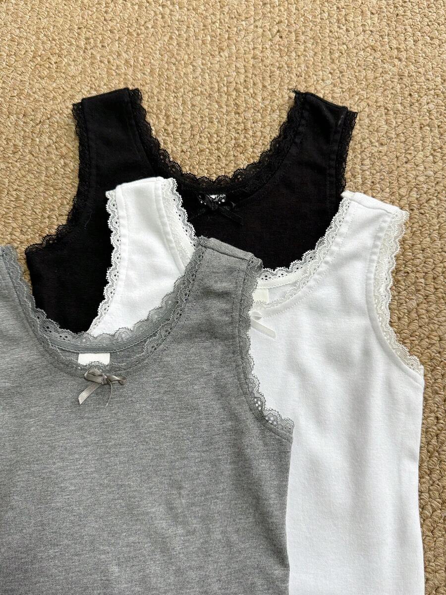DAZY 3pcs Young Girls Fitted Vest Set With Bow Decor, Young Girl Fall Clothes Summer - Multicolor - View 1