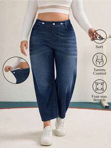 Flexra 大码女式弹力休闲商务直筒牛仔裤 - 深色水洗藍 - 查看 7