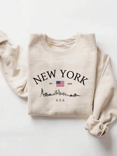 INAWLY New York Flag 1624 Print Crew Neck Women Long Sleeve Sweatshirt