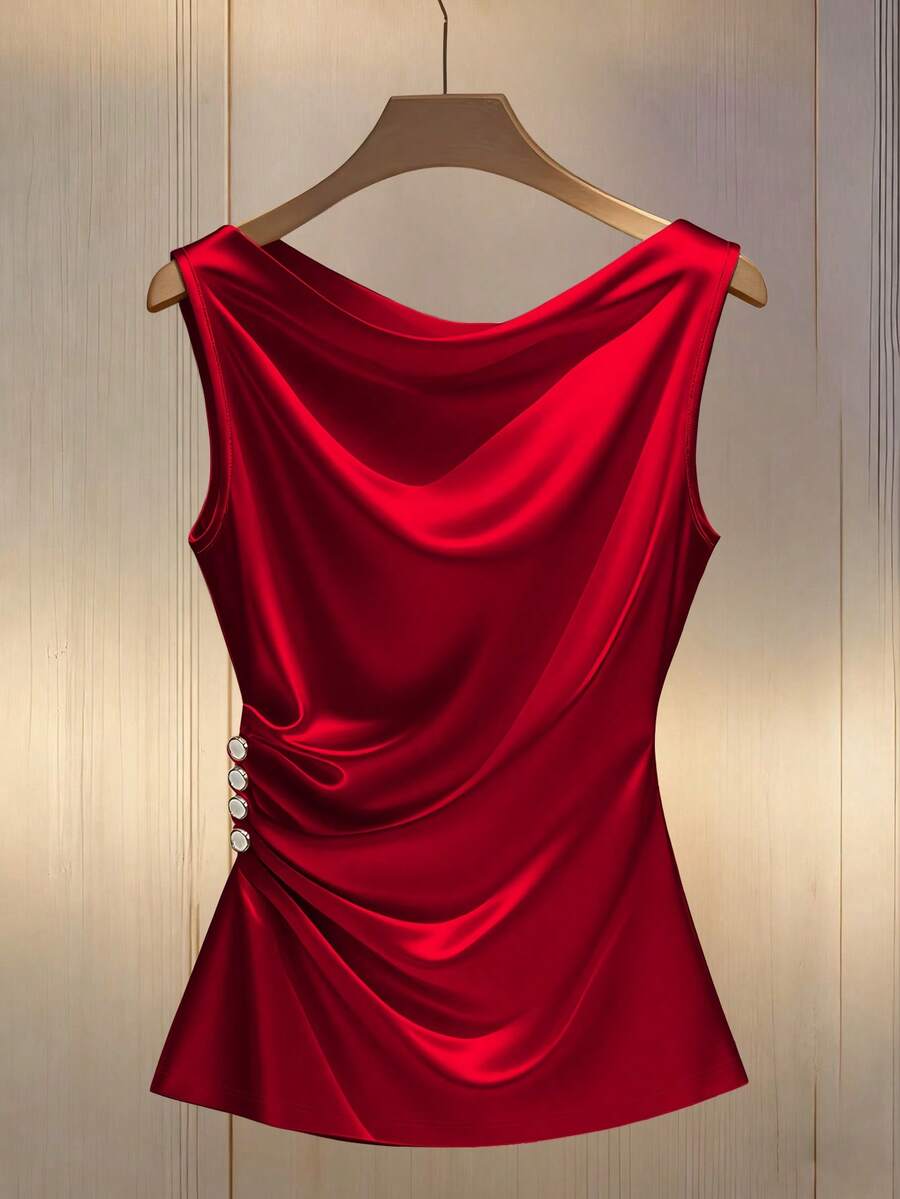 SHEIN Franclia Camisola feminina elegante, ajustada, com pregas decorativas, fechamento por botões e cintura marcada. - Vermelho - Ver 1