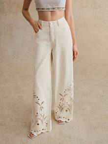 Anewsta 女士时尚、优雅、性感镂空刺绣浪漫派对/度假米色直筒牛仔裤，春夏款 - 米色 - 查看 6