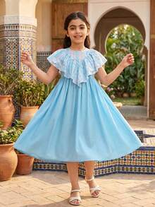 SHEIN Young Girl Casual Ruffle Embroidered Dress - Blue - View 5