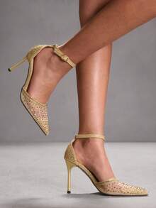 CUCCOO SZL Champagne Color Pointy Toe High Heels With Rhinestones & Mesh Panels, Glittery Luxurious Party Wedding Shoes For Women Valentine's Day - Gold - View 5