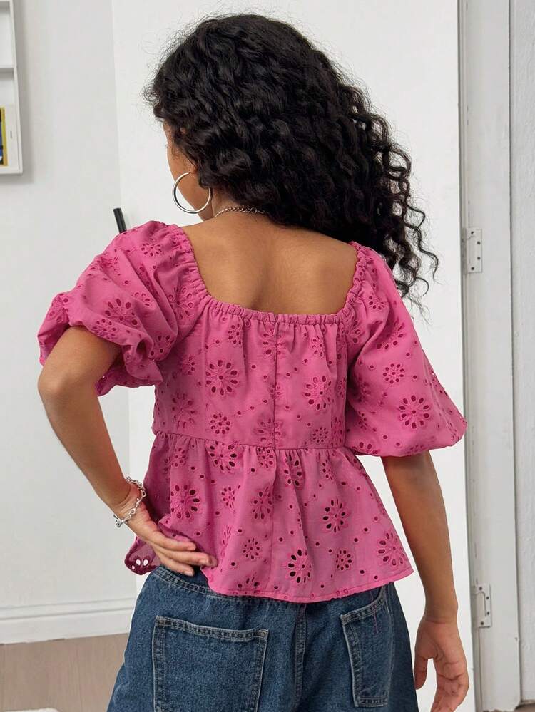 Tween Girls' Summer Casual Solid Color Hollow Out Embroidery Puff Sleeve Blouse
