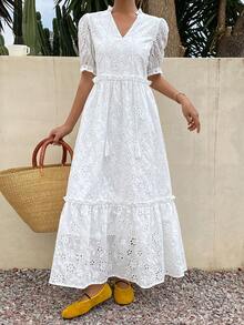 DAZY Women's Hollow Out Embroidery Frill Trim Tie Waist Long Puff Sleeve Dress, Vacation - Ivory White - View 6