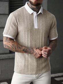 Manfinity Homme 男士撞色短袖休闲通勤Polo衫 - 卡其色 - 查看 8