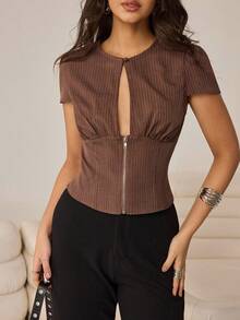 Aidyla Brown Vertical Striped Hollow Zipper Design Fashionable Sexy Women Blouse - Brown - View 7