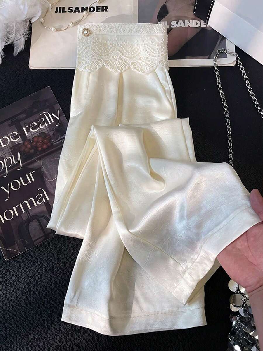 GlowEve Apricot Embossed Jacquard Waistband Splice Lace Trim Pants - Apricot - View 1