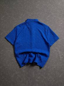 PAVTROS 男士纯色前开襟休闲百搭短袖衬衫 - 寶藍色 - 查看 2