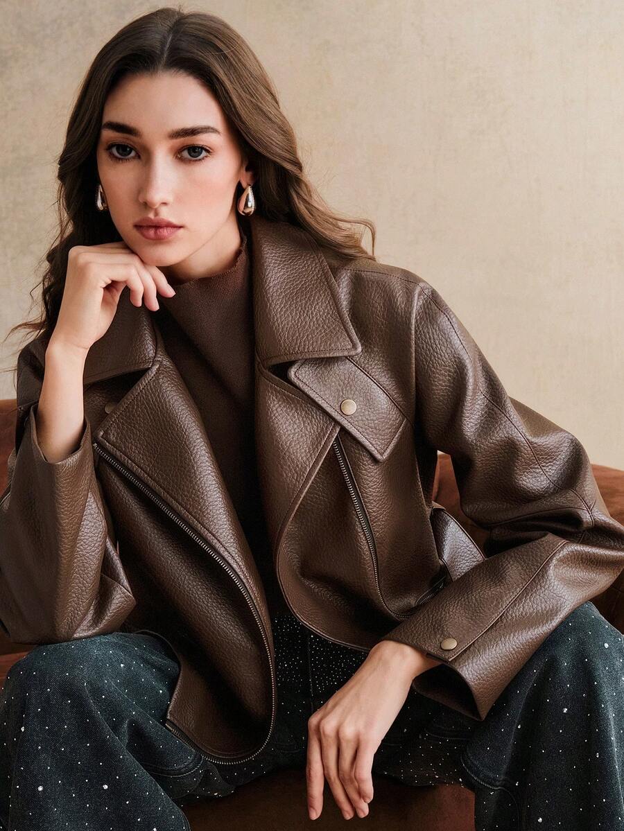 Anewsta Women's Solid Color PU Leather Long Sleeve Zipper Front Short Jacket - Brown - View 1