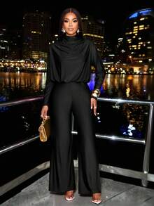 SOLERSUN 女士优雅高领插肩袖垂褶领收腰连体裤，适合秋冬季穿着。 - 黑色 - 查看 8