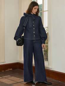 Dazy-Less 女士系带领单排扣时尚百搭通勤灯笼袖牛仔夹克 - 藍色 - 查看 3