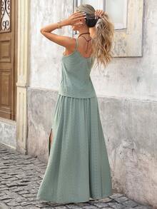 Brillora Bộ đồ nữ gồm áo không tay dáng rộng màu trơn và chân váy dáng rộng xẻ tà, thích hợp cho mùa xuân/hè. - màu xanh lá - Xem 2