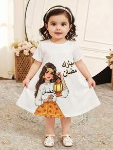 SHEIN Baby Girl Cute Character Print Round Neck Short Sleeve Dress