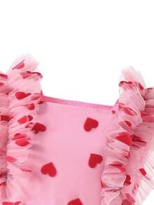 1pc Girls' Heart Flocked & Mesh Waist Cinched Dress, Suitable For Daily And Vacation Wear, Summer - Multicolor - View 6