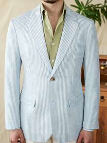 Manfinity Mode Men's Striped Lapel NeckLong Sleeve Single-Breasted Casual/Business Suit Jacket - Blue - View 1